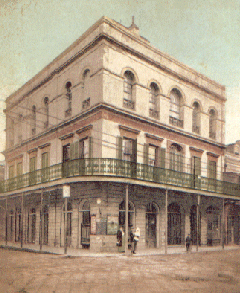 photo shows an illustration of the lalaurie house from the street. it towers over the french quarter with green wrought iron balconies and white brick exterior