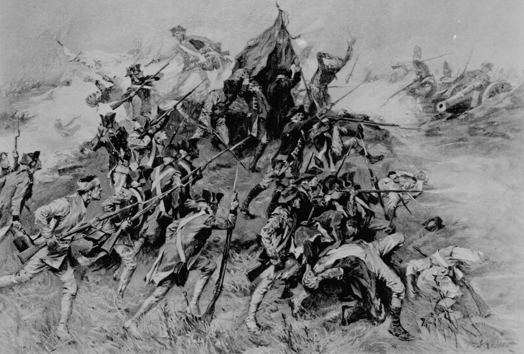photo shows an illustration of a battle, men on horseback fighting with flags on their horses