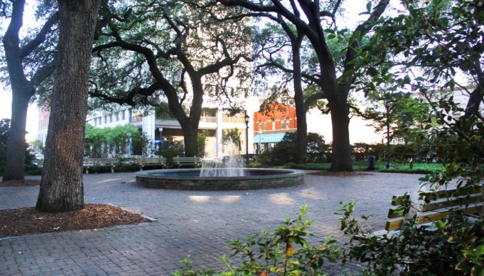 photo of Johnson Square in Savannah with cobblestone walkways and large trees 