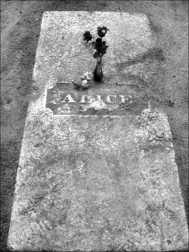 photo shows a marble slab headstone that just says 'alice' on it 