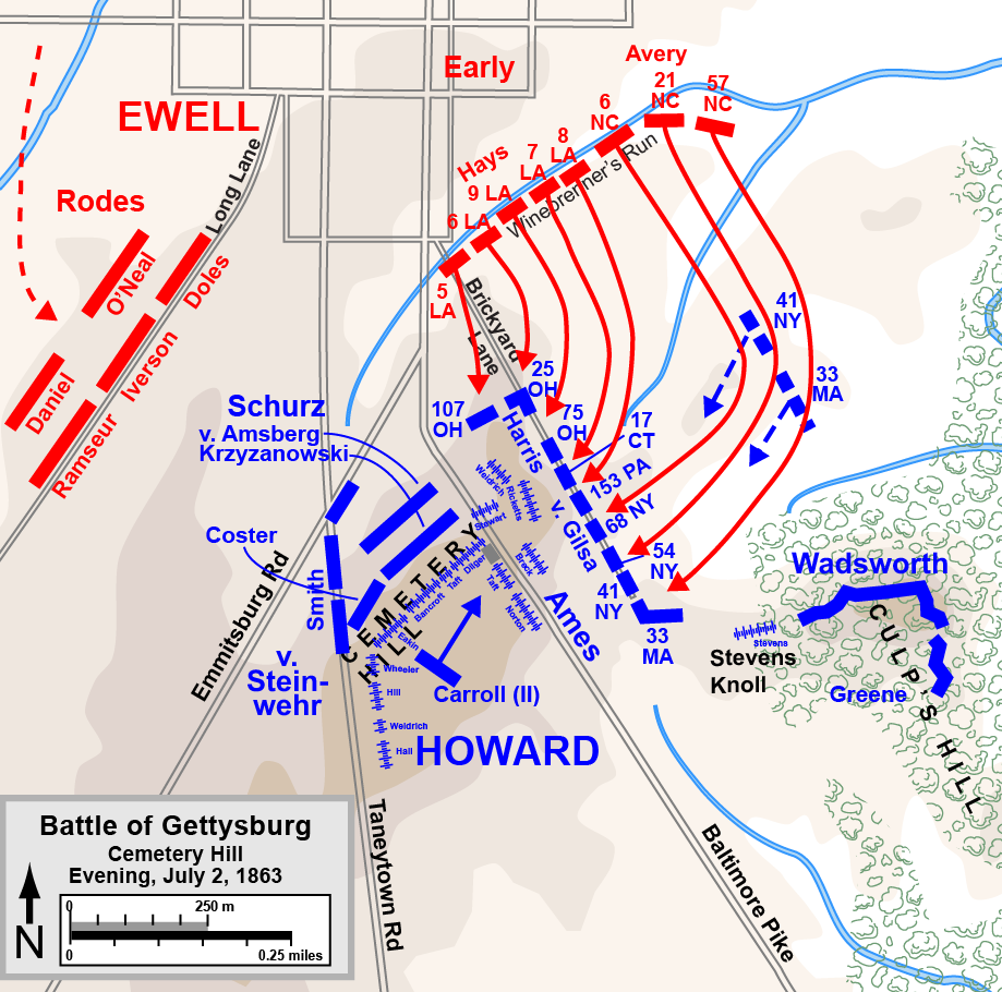 photo shows the lines in which union and confederate generals attacked and defended cemetery hill