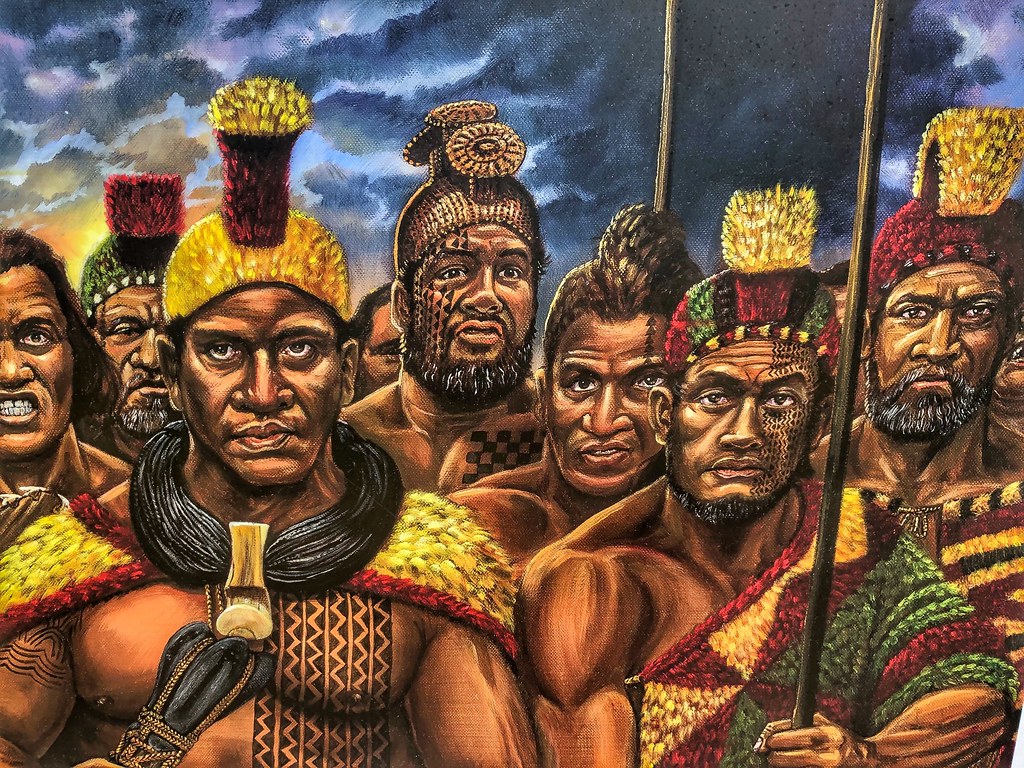 Night Marchers. Hawaiian Warriors dressed in hawaiian armor in shades of yellow, green and red. Some are carrying spears. Some have tribal tattoos. 