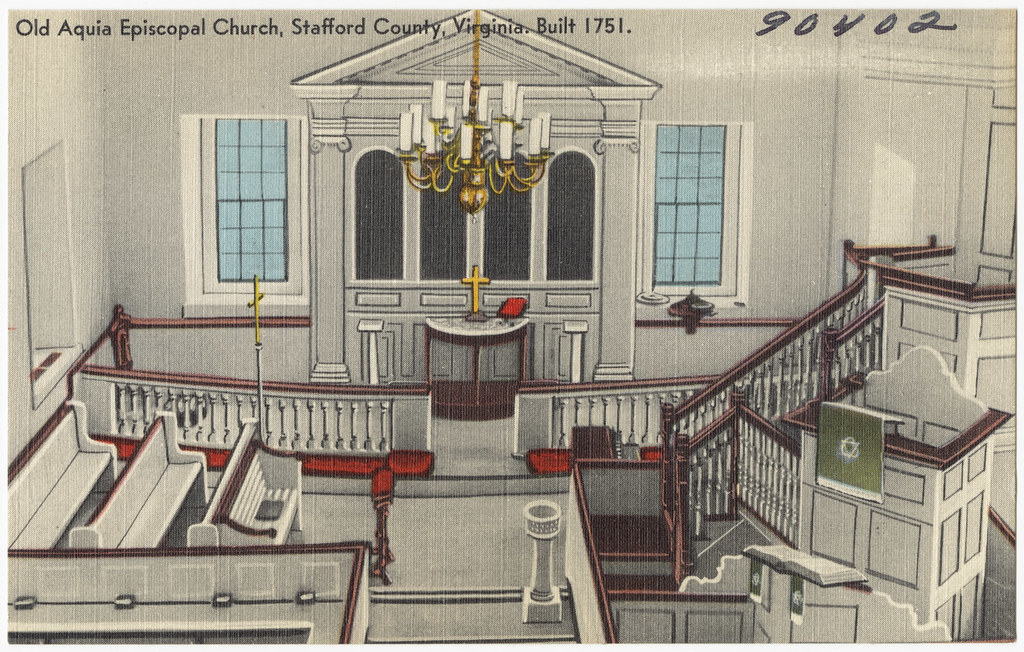 Aquia Church. A drawing of the interior of a church. Pews line the left side while on the right sight sits a pulpit. White interior with wood colored lining. 