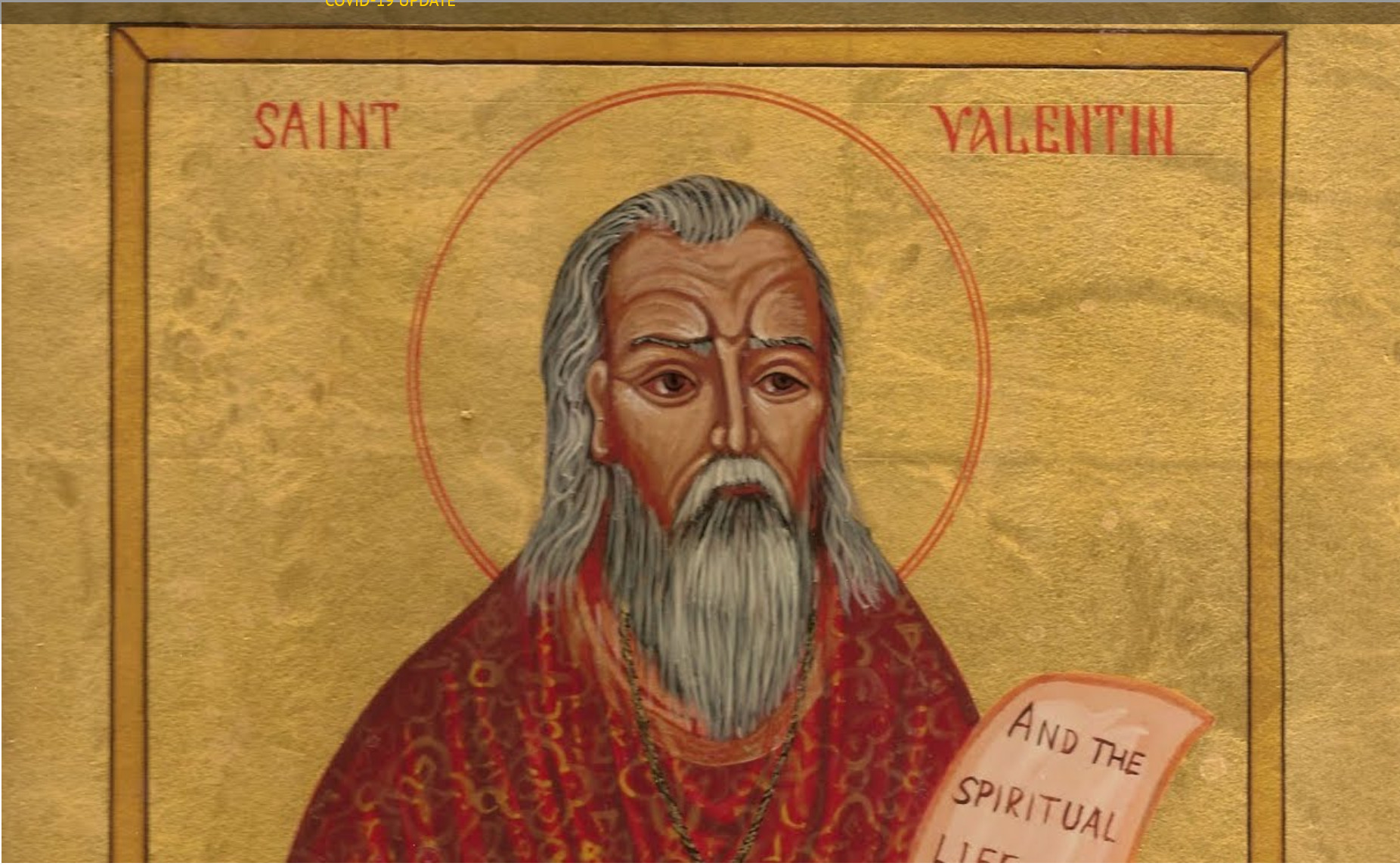 A medieval depiction of Saint Valentine. A man with a grey beard and grey hair in a red robe