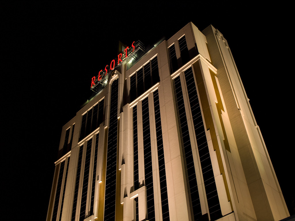 The brooding tall building of the Resorts Casino Hotel at night
