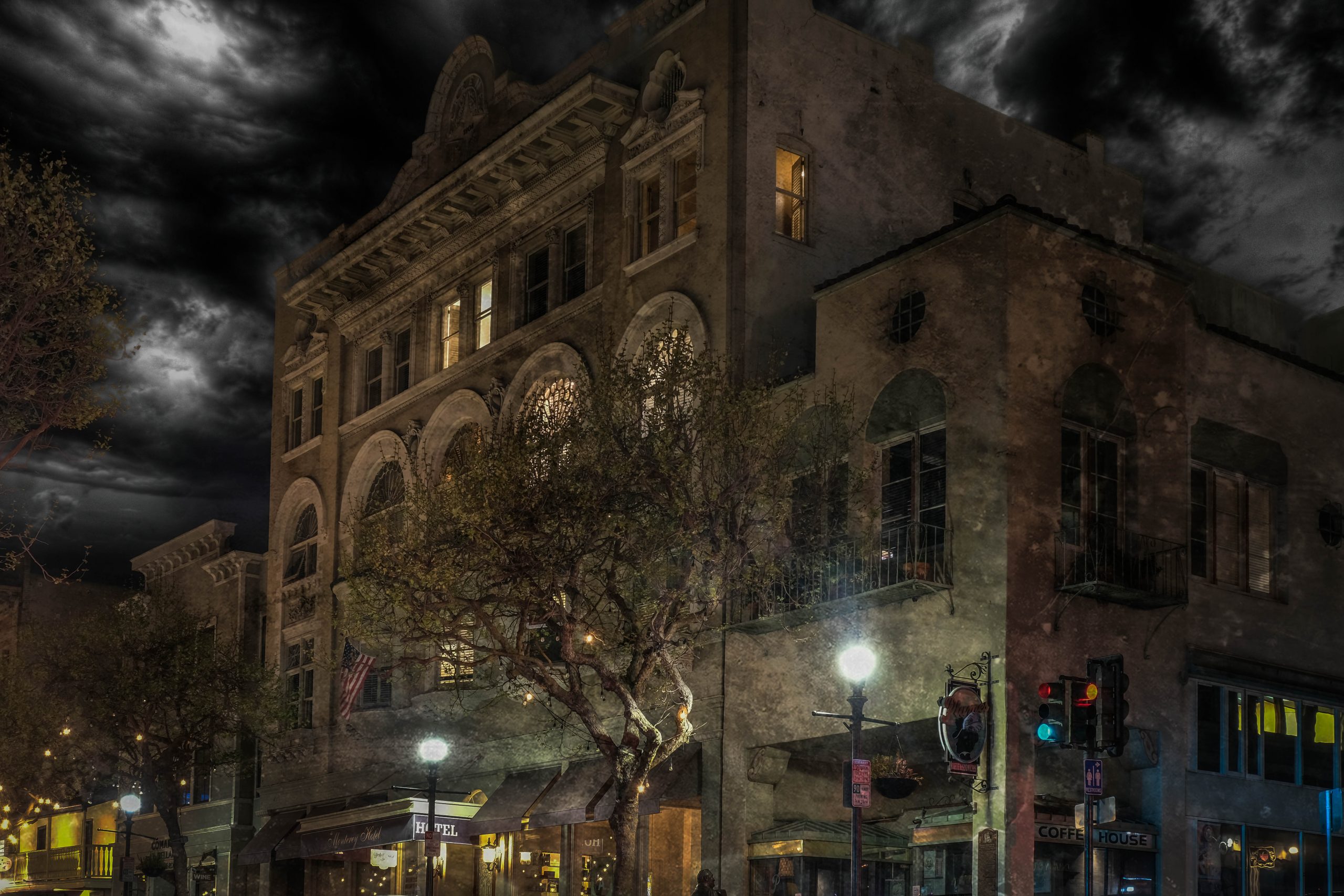 The Monterey Hotel stands defiant in the dark of night