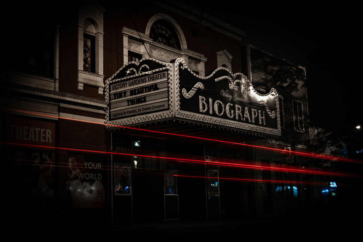 Front view of the Biography Theater presented by Chicago Ghosts