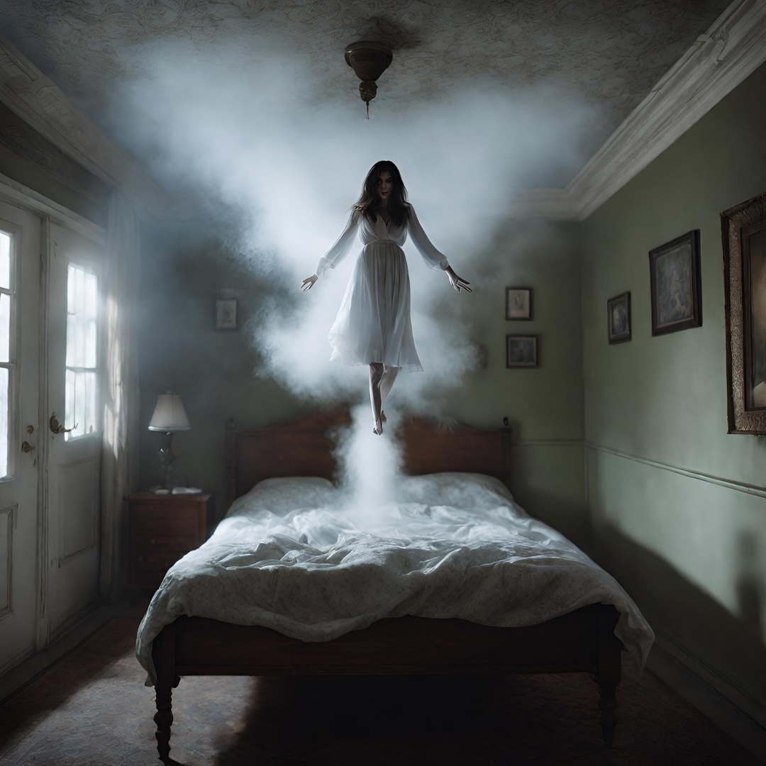 A woman levitating above a bed